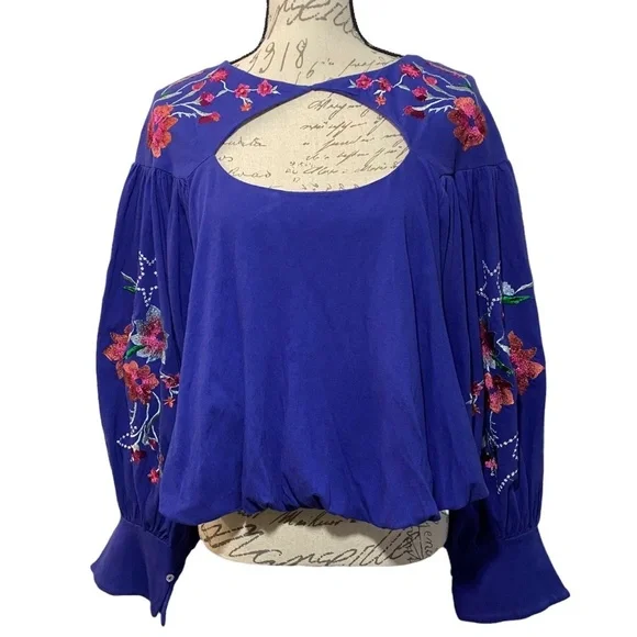 NWT Free People Cobalt Blue Lita Floral Embroidered Balloon Sleeve Cropped Top S - Picture 2 of 7